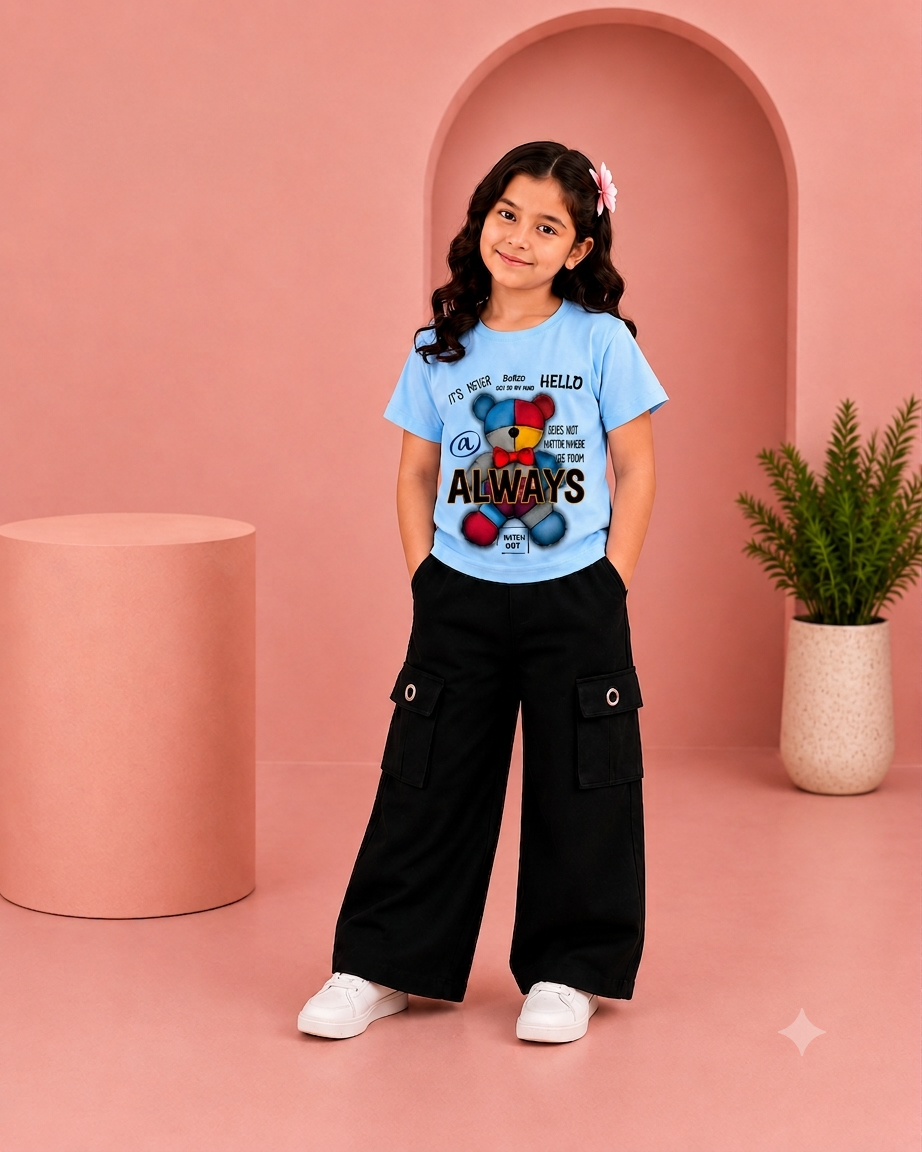Girls White Teddy Bear Graphic T-Shirt & Black Wide Leg Cargo Pants 2-Piece Co-Ord Set | Casual Kids Outfit