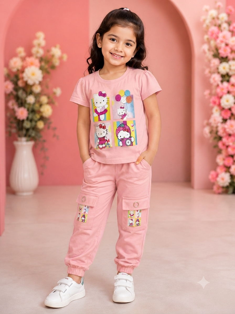 Girls Hello Kitty Graphic T-Shirt & Cargo Jogger Pants 2-Piece Co-Ord Set | Casual Kids Outfit