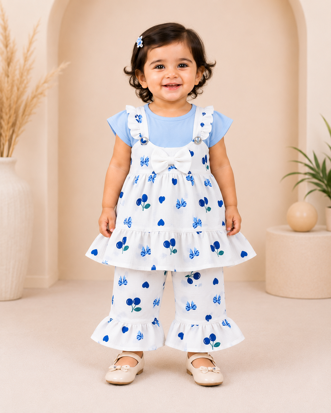 Baby Girls Printed 3-Piece Cotton Co-Ord Set | Ruffle Tunic, Top & Flared Pants