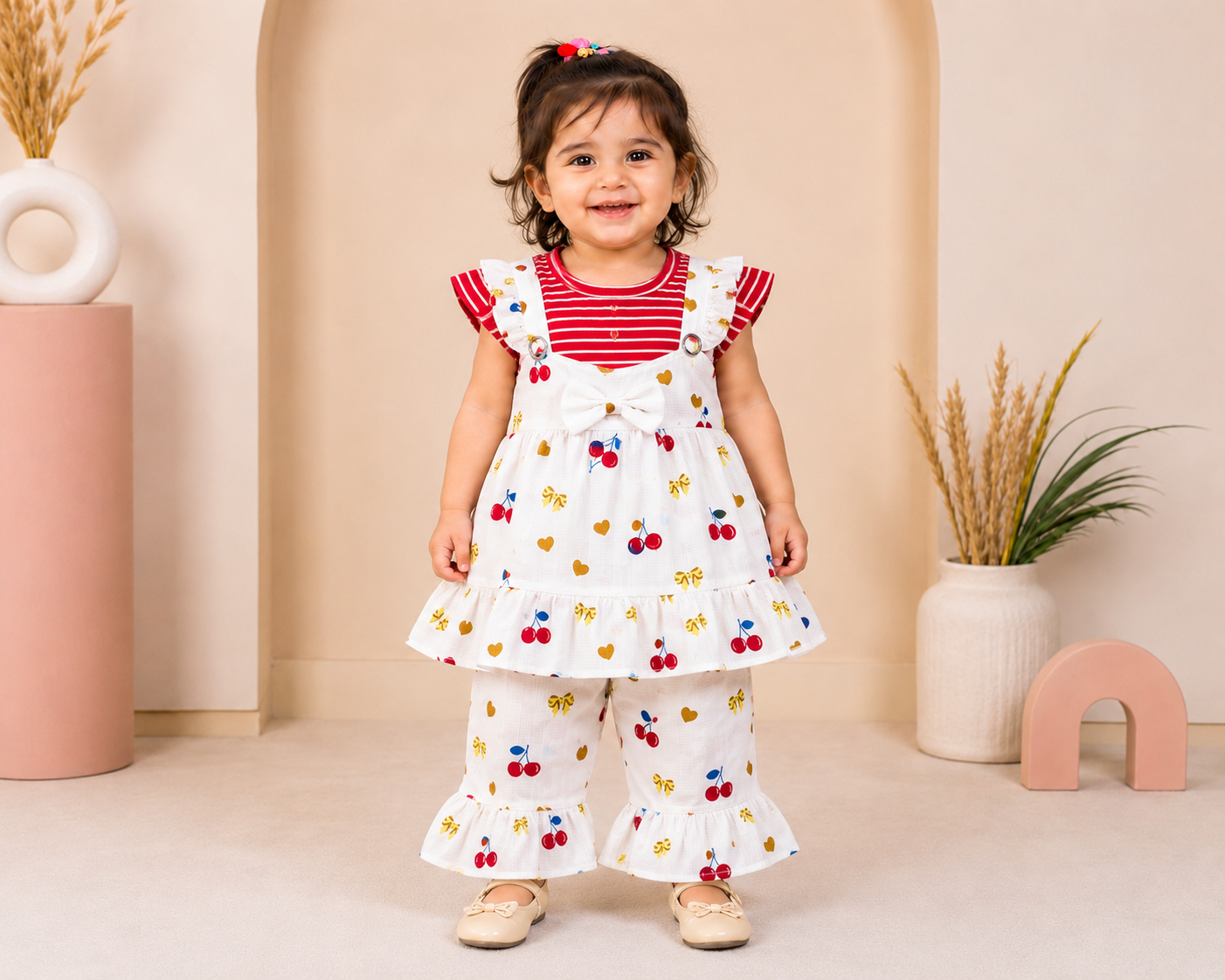 Baby Girls Printed 3-Piece Cotton Co-Ord Set | Ruffle Tunic, Top & Flared Pants