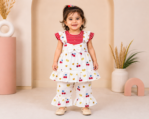 Baby Girls Printed 3-Piece Cotton Co-Ord Set | Ruffle Tunic, Top & Flared Pants