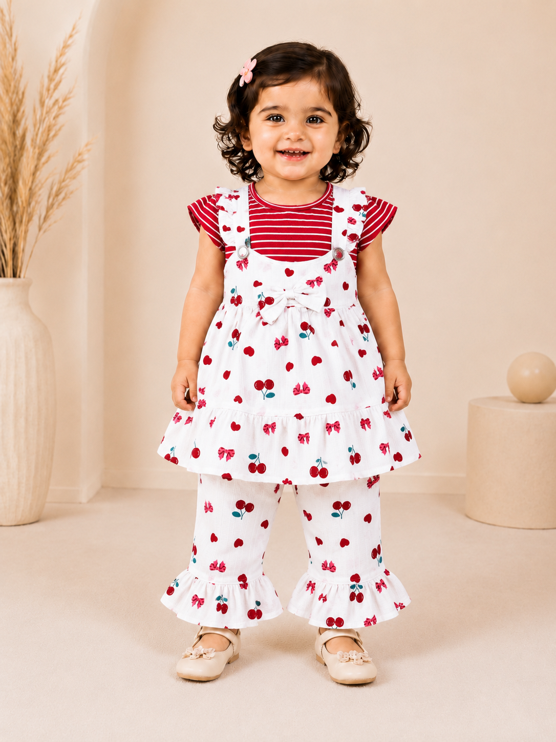Baby Girls Printed 3-Piece Cotton Co-Ord Set | Ruffle Tunic, Top & Flared Pants