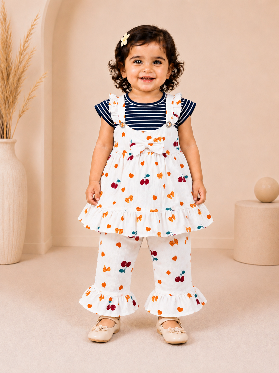 Baby Girls Printed 3-Piece Cotton Co-Ord Set | Ruffle Tunic, Top & Flared Pants