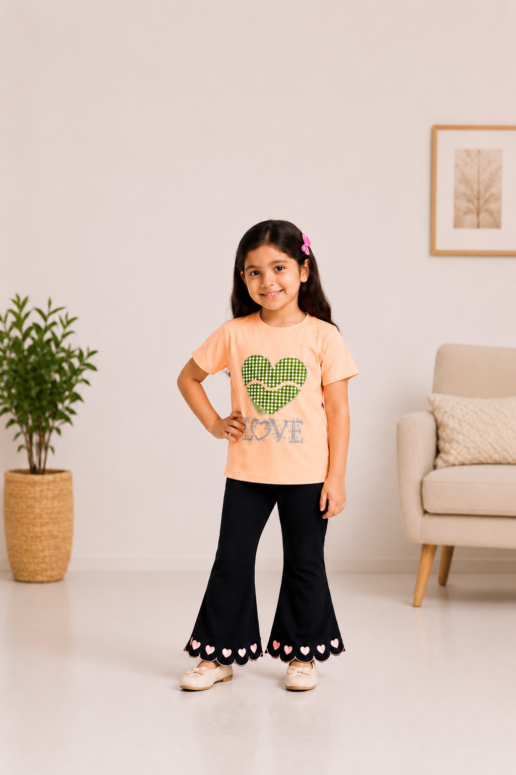 Girls Peach Heart Graphic T-Shirt & Black Heart Bell Bottom Pants 2-Piece Co-Ord Set | Casual Kids Outfit