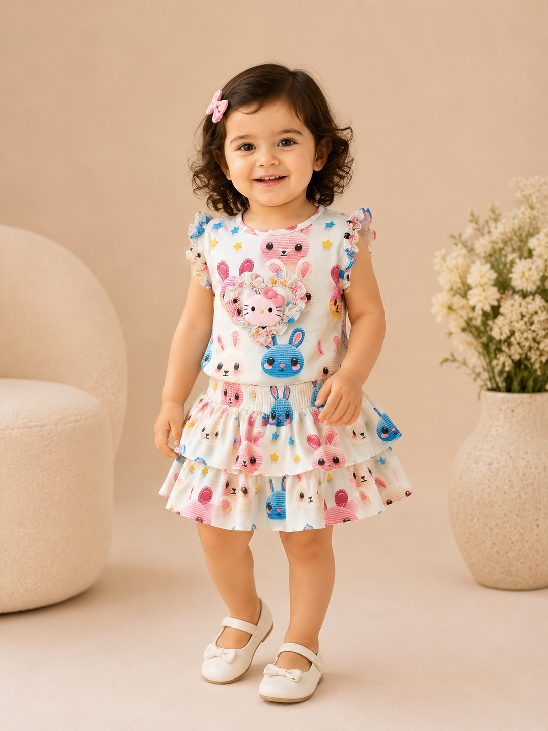 Girls Imported Self Stripe Skirt & Blouse Co-Ord Set – Cute Cartoon Print Summer Outfit