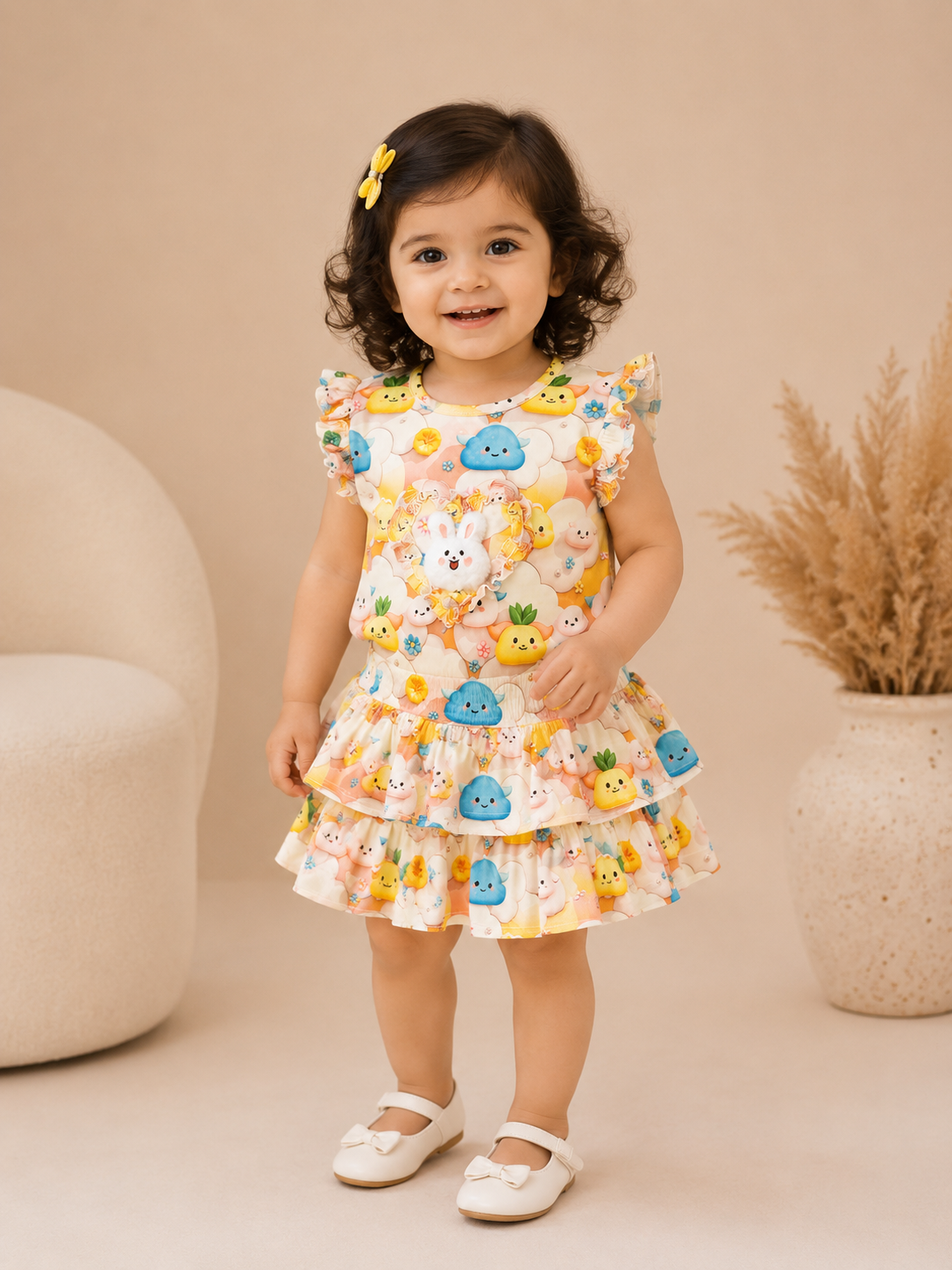 Girls Imported Self Stripe Skirt & Blouse Co-Ord Set – Cute Cartoon Print Summer Outfit