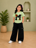 Girls Premium Printed Cotton T-Shirt with Black Cargo Wide Leg Pants | Stylish Summer Outfit Set (2 Pcs)v