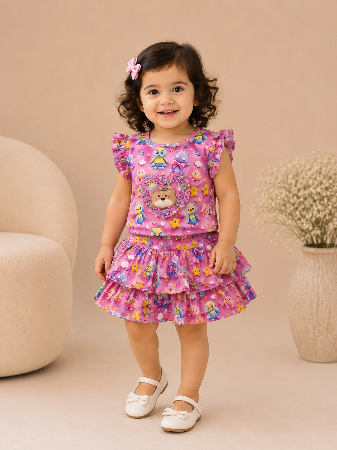 Girls Imported Self Stripe Skirt & Blouse Co-Ord Set – Cute Cartoon Print Summer Outfit