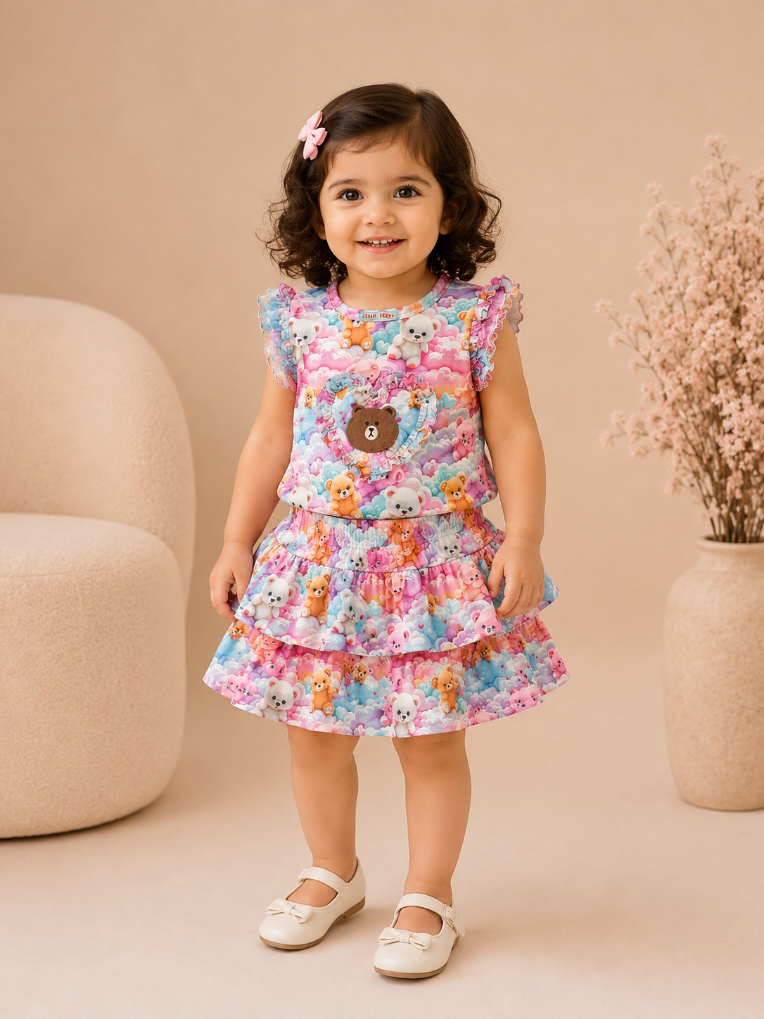 Girls Imported Self Stripe Skirt & Blouse Co-Ord Set – Cute Cartoon Print Summer Outfit