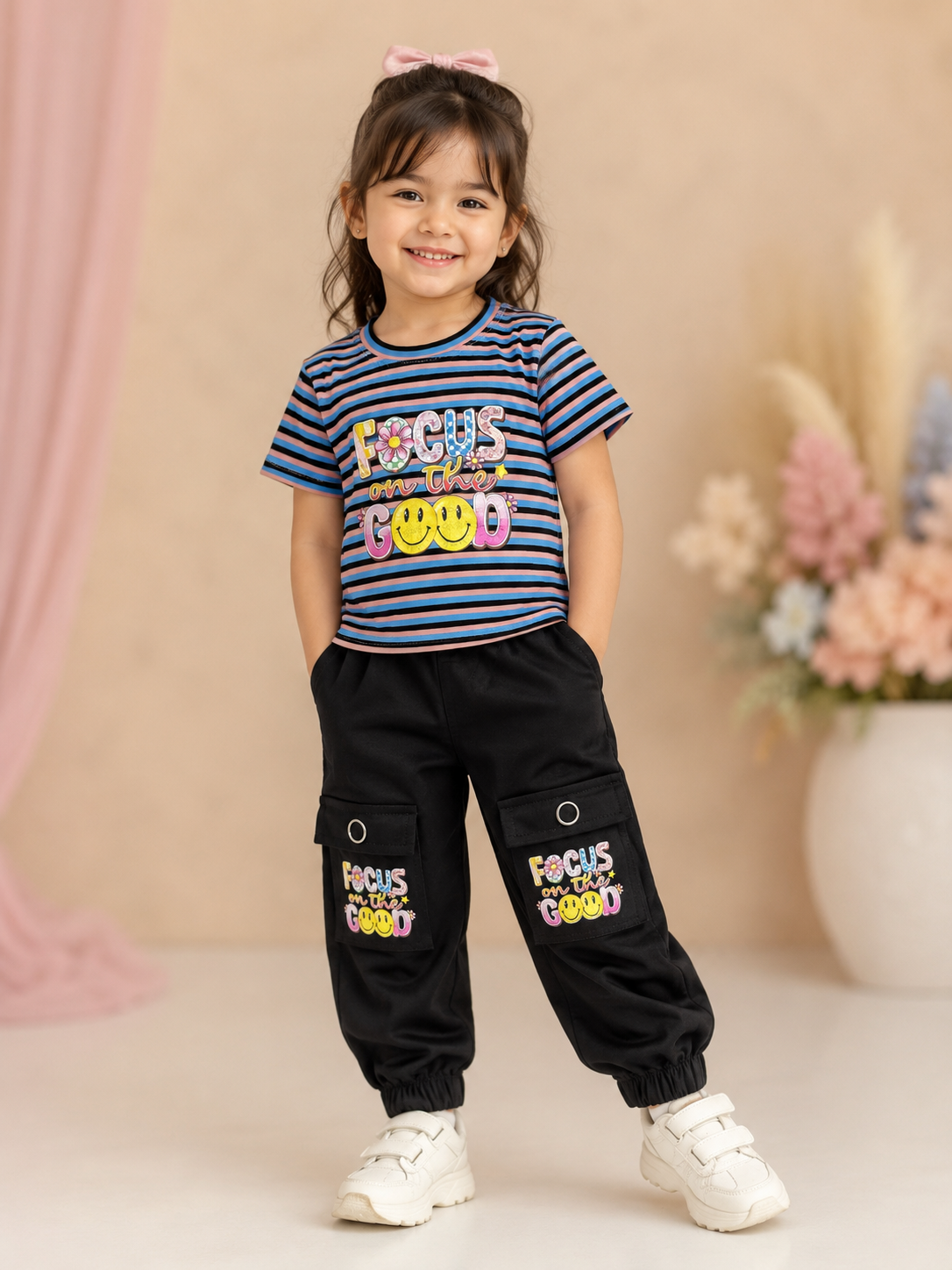 Girls "Focus on the Good" Striped T-Shirt & Black Cargo Jogger Pants 2-Piece Co-Ord Set | Casual Kids Outfit
