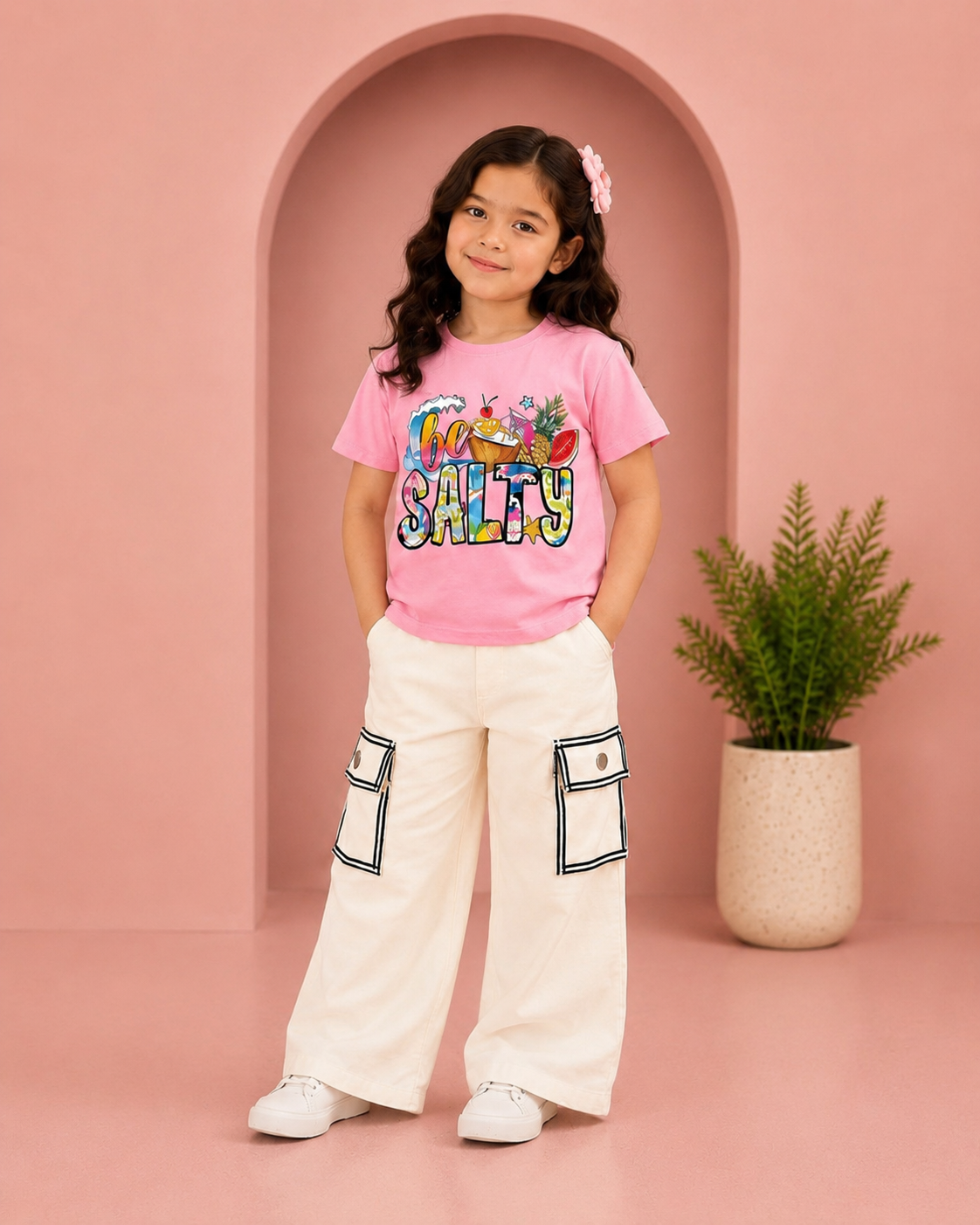 Girls "Be Salty" Graphic T-Shirt with White Wide Leg Cargo Pants | Stylish 2-Piece Casual Outfit | Sizes 5–12 Years