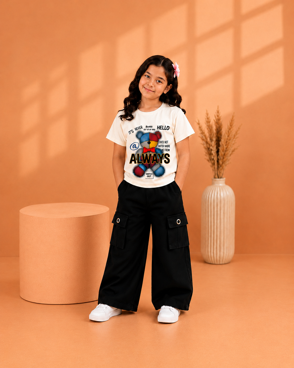 Girls White Teddy Bear Graphic T-Shirt & Black Wide Leg Cargo Pants 2-Piece Co-Ord Set | Casual Kids Outfit