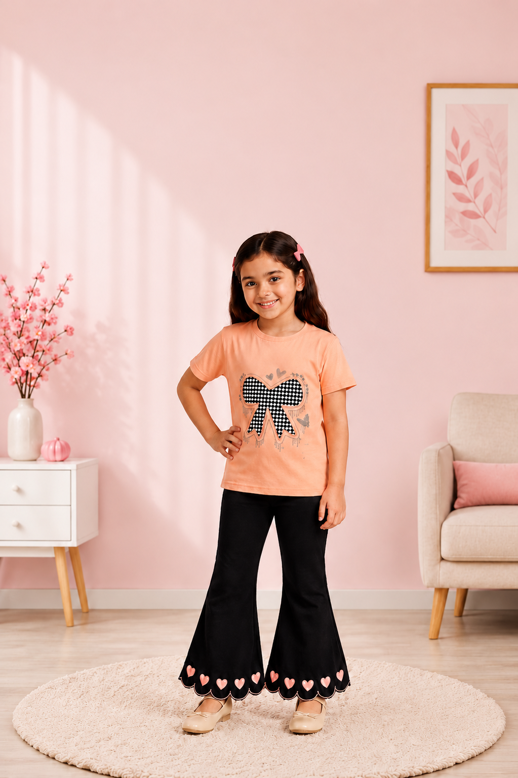 Girls Peach Bow Graphic T-Shirt & Black Heart Bell Bottom Pants 2-Piece Co-Ord Set | Casual Kids Outfit