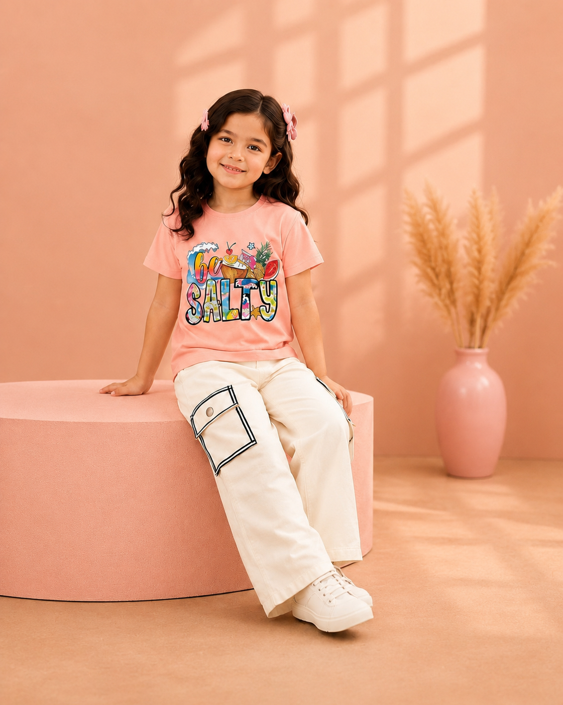 Girls "Be Salty" Graphic T-Shirt with White Wide Leg Cargo Pants | Stylish 2-Piece Casual Outfit | Sizes 5–12 Years