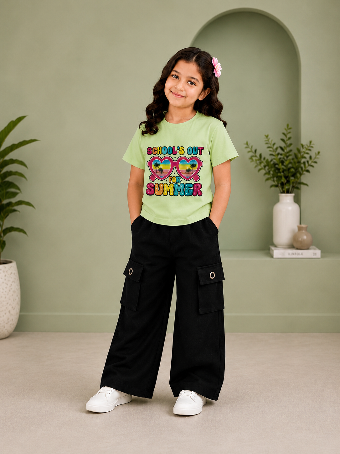 Girls "School's Out for Summer" Graphic T-Shirt with Wide Leg Cargo Pants Set | Trendy Casual Outfit | Sizes 5–12 Years