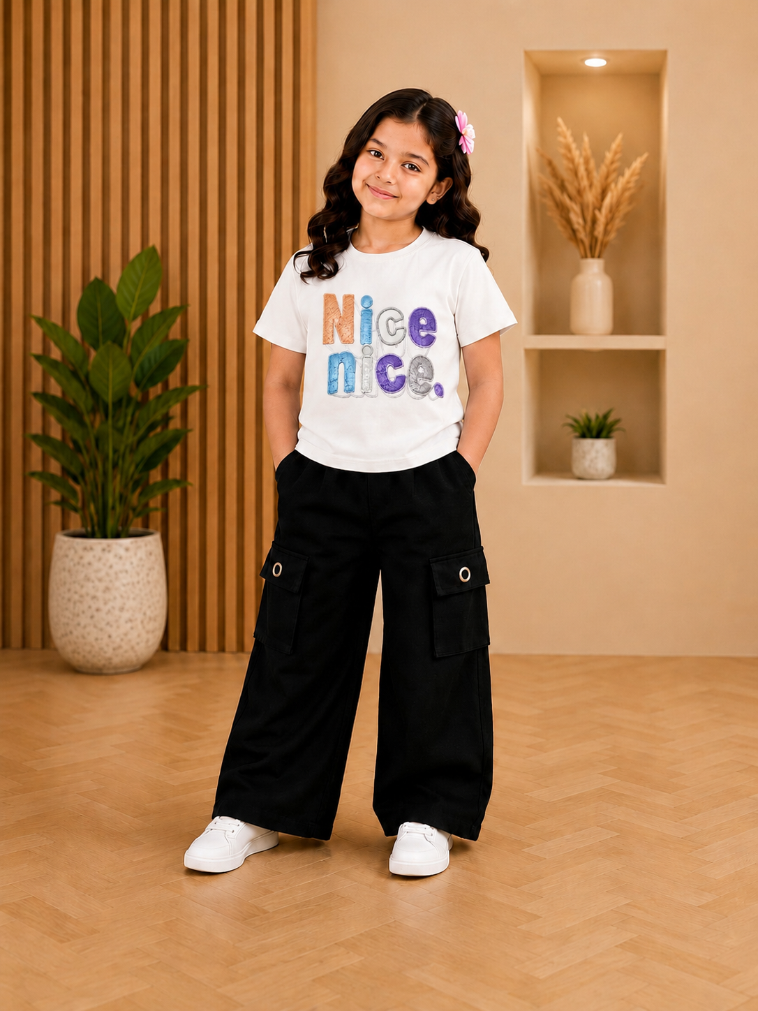 Girls White "Nice Nice" Graphic T-Shirt & Black Wide Leg Cargo Pants 2-Piece Co-Ord Set