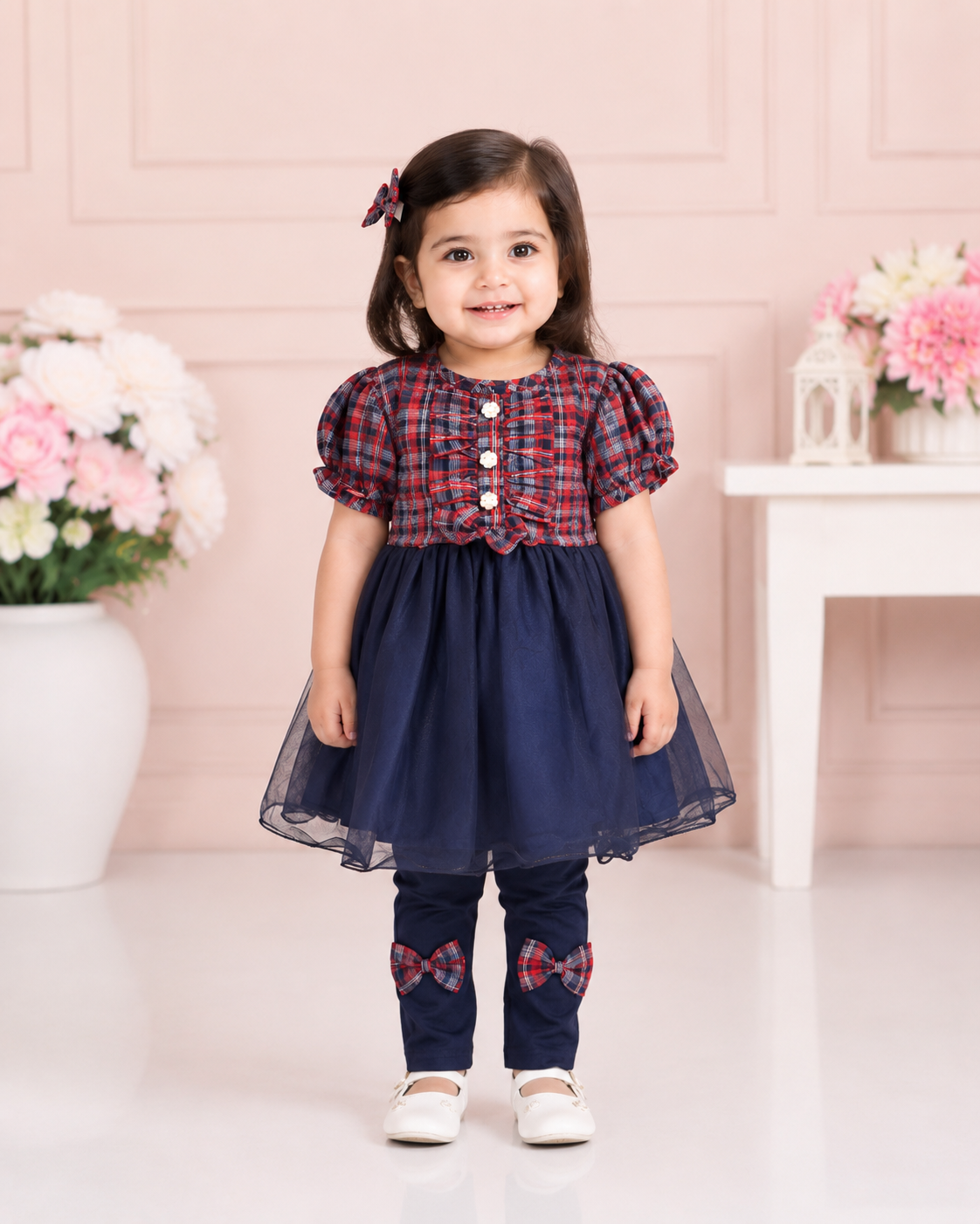 Girls Imported Self Stripe Tulle Frock with Leggings | Premium Party Wear Outfit