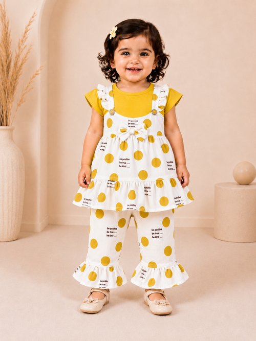 Baby Girls Polka Dot 3-Piece Cotton Co-Ord Set | Ruffle Tunic, Top & Flared Pants