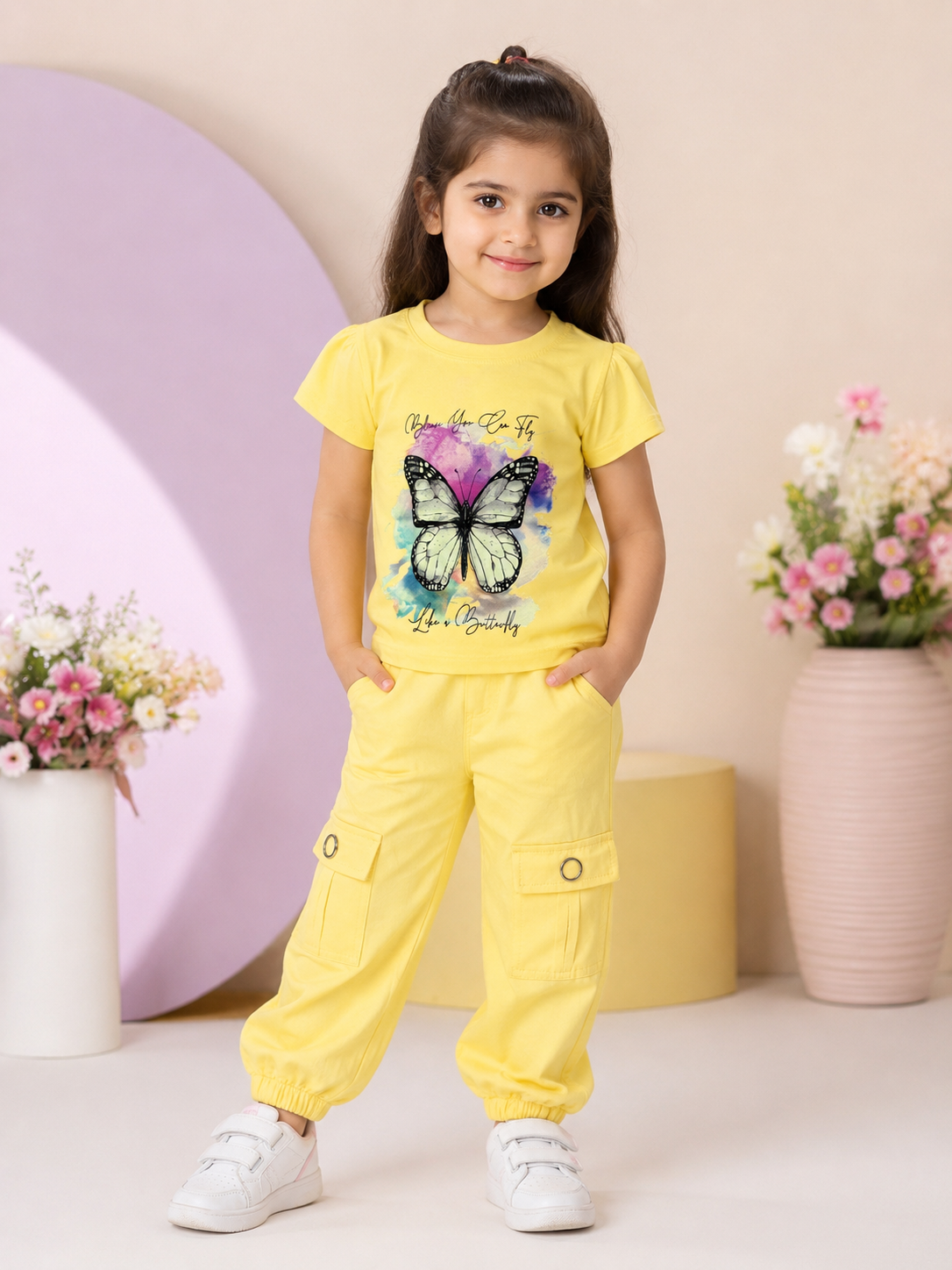 Girls Lemon Yellow Butterfly Graphic T-Shirt & Cargo Jogger Pants 2-Piece Co-Ord Set | Casual Kids Outfit