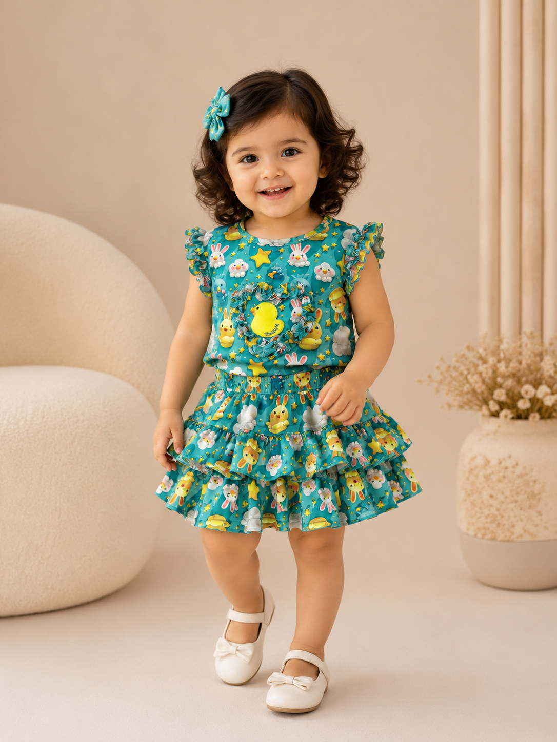 Girls Imported Self Stripe Skirt & Blouse Co-Ord Set – Cute Cartoon Print Summer Outfit