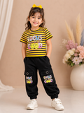 Girls "Focus on the Good" Striped T-Shirt & Black Cargo Jogger Pants 2-Piece Co-Ord Set | Casual Kids Outfit