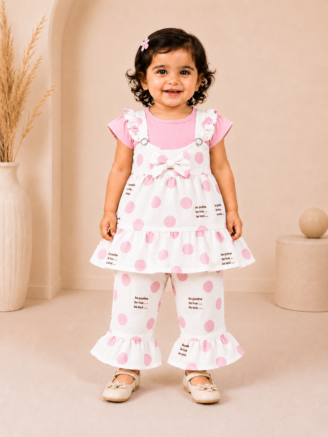 Baby Girls Polka Dot 3-Piece Cotton Co-Ord Set | Ruffle Tunic, Top & Flared Pants