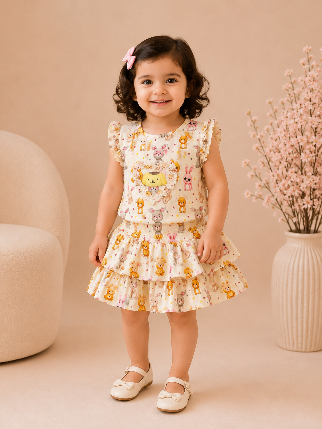 Girls Imported Self Stripe Skirt & Blouse Co-Ord Set – Cute Cartoon Print Summer Outfit