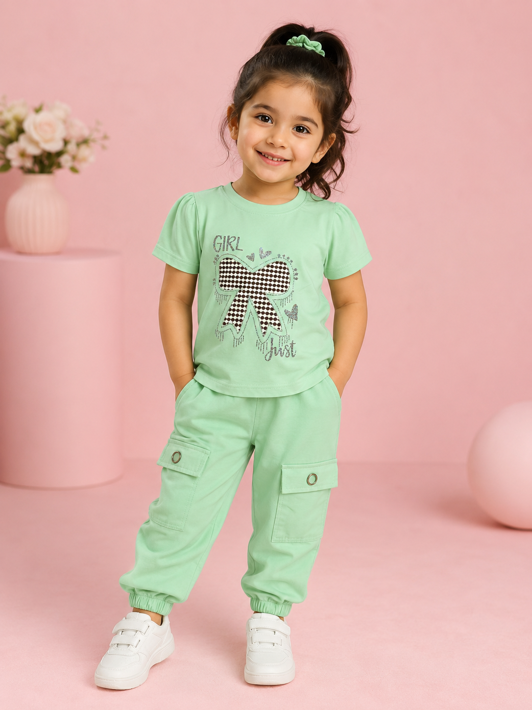 Girls Lemon Yellow Bow Graphic T-Shirt & Cargo Jogger Pants 2-Piece Co-Ord Set | Casual Kids Outfit