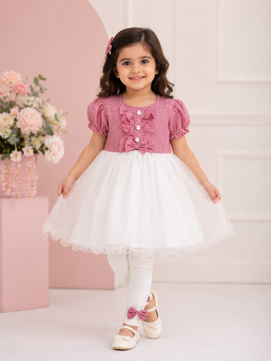 Girls Imported Self Stripe Tulle Frock with Leggings | Premium Party Wear Outfit