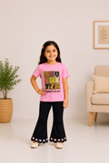 Girls Pink Graphic T-Shirt & Black Heart Bell Bottom Pants 2-Piece Outfit | Size 20/24