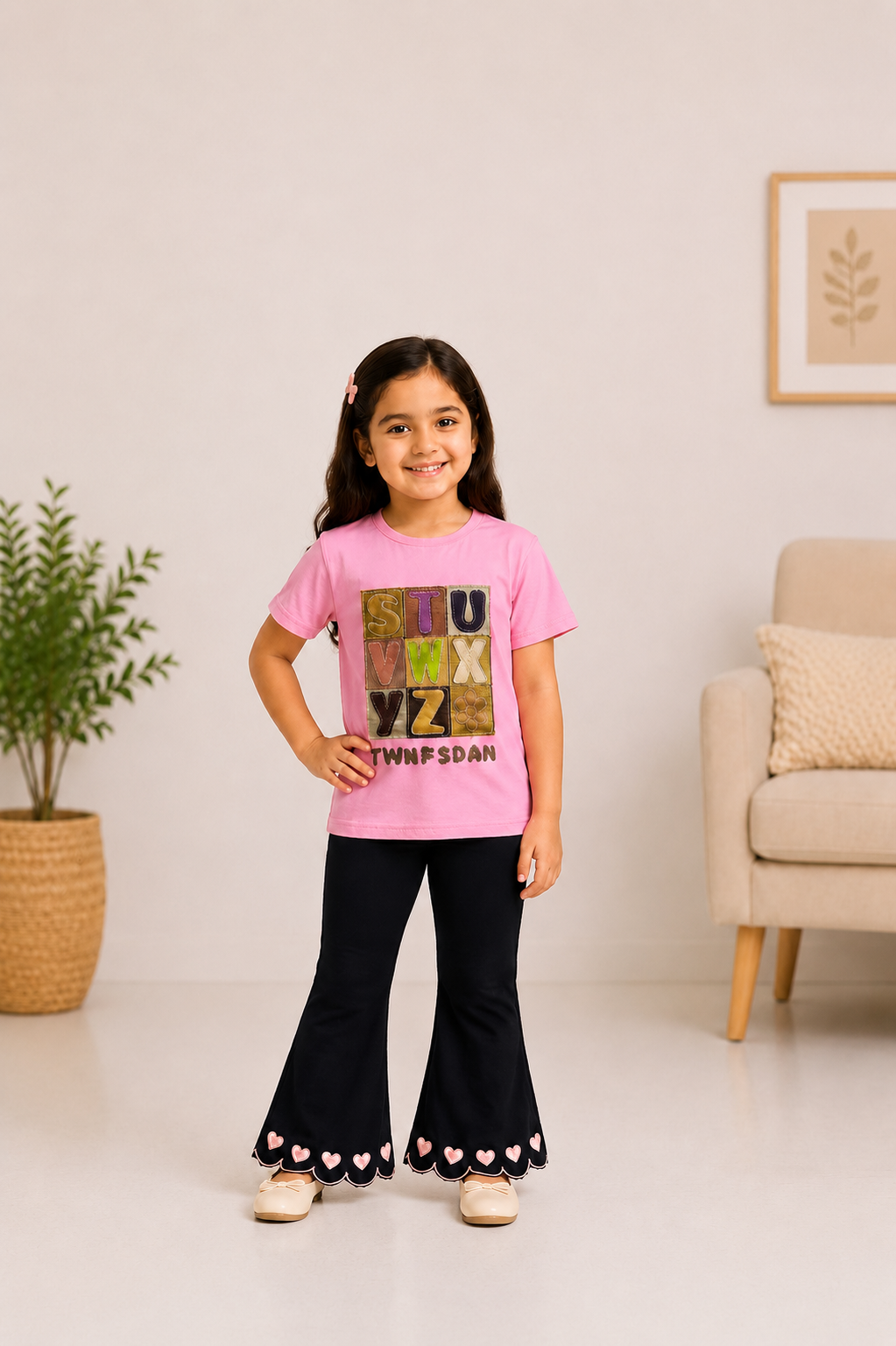 Girls Pink Graphic T-Shirt & Black Heart Bell Bottom Pants 2-Piece Outfit | Size 20/24