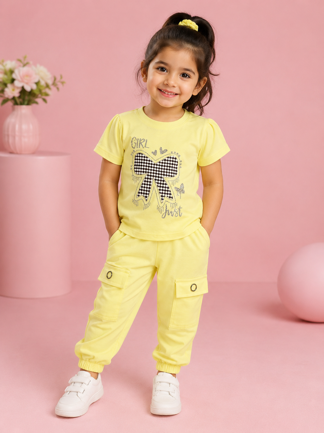 Girls Lemon Yellow Bow Graphic T-Shirt & Cargo Jogger Pants 2-Piece Co-Ord Set | Casual Kids Outfit