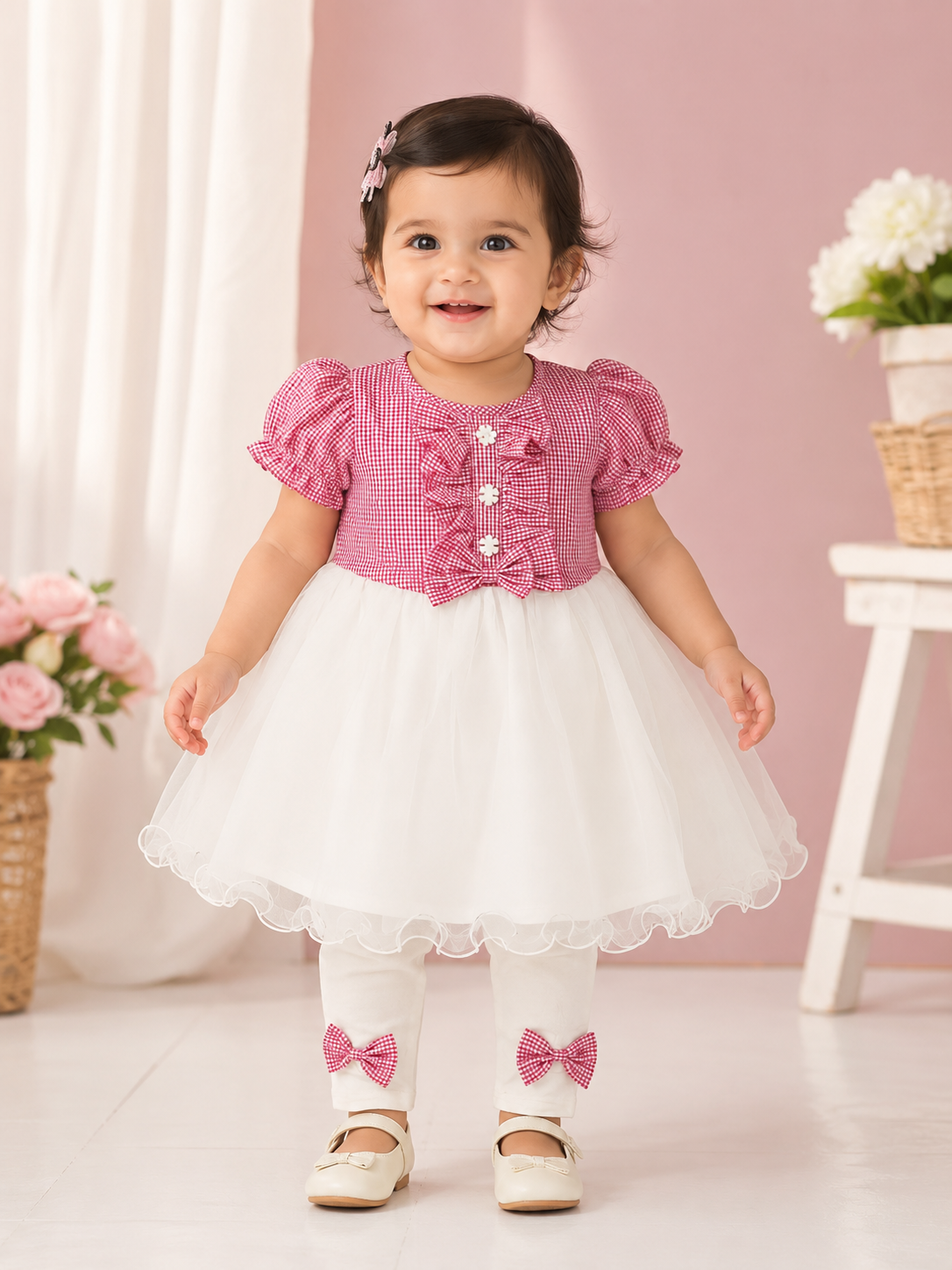 Girls Imported Self Stripe Tulle Frock with Leggings | Premium Party Wear Outfit
