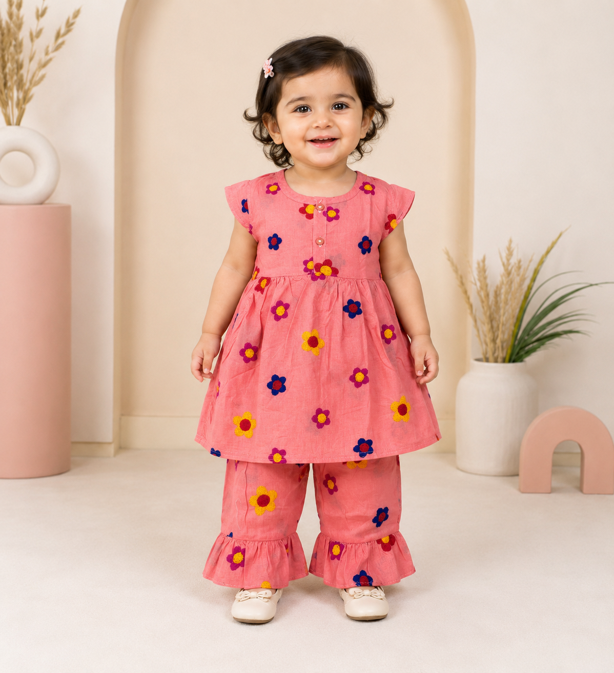 Girls Premium Lawn Cotton 2-Piece Suit with Colorful Wool Embroidery Flowers – Soft Summer Outfit