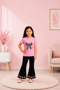 Girls Peach Bow Graphic T-Shirt & Black Heart Bell Bottom Pants 2-Piece Co-Ord Set | Casual Kids Outfit