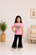 Girls Peach Heart Graphic T-Shirt & Black Heart Bell Bottom Pants 2-Piece Co-Ord Set | Casual Kids Outfit