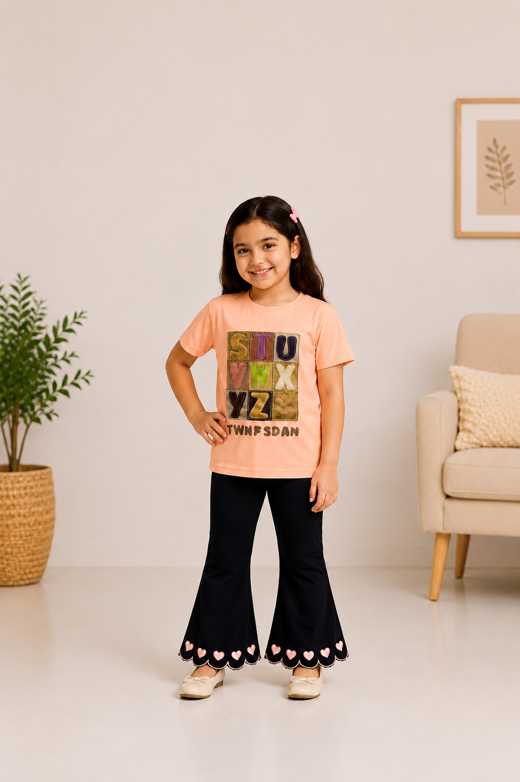 Girls Pink Graphic T-Shirt & Black Heart Bell Bottom Pants 2-Piece Outfit | Size 20/24