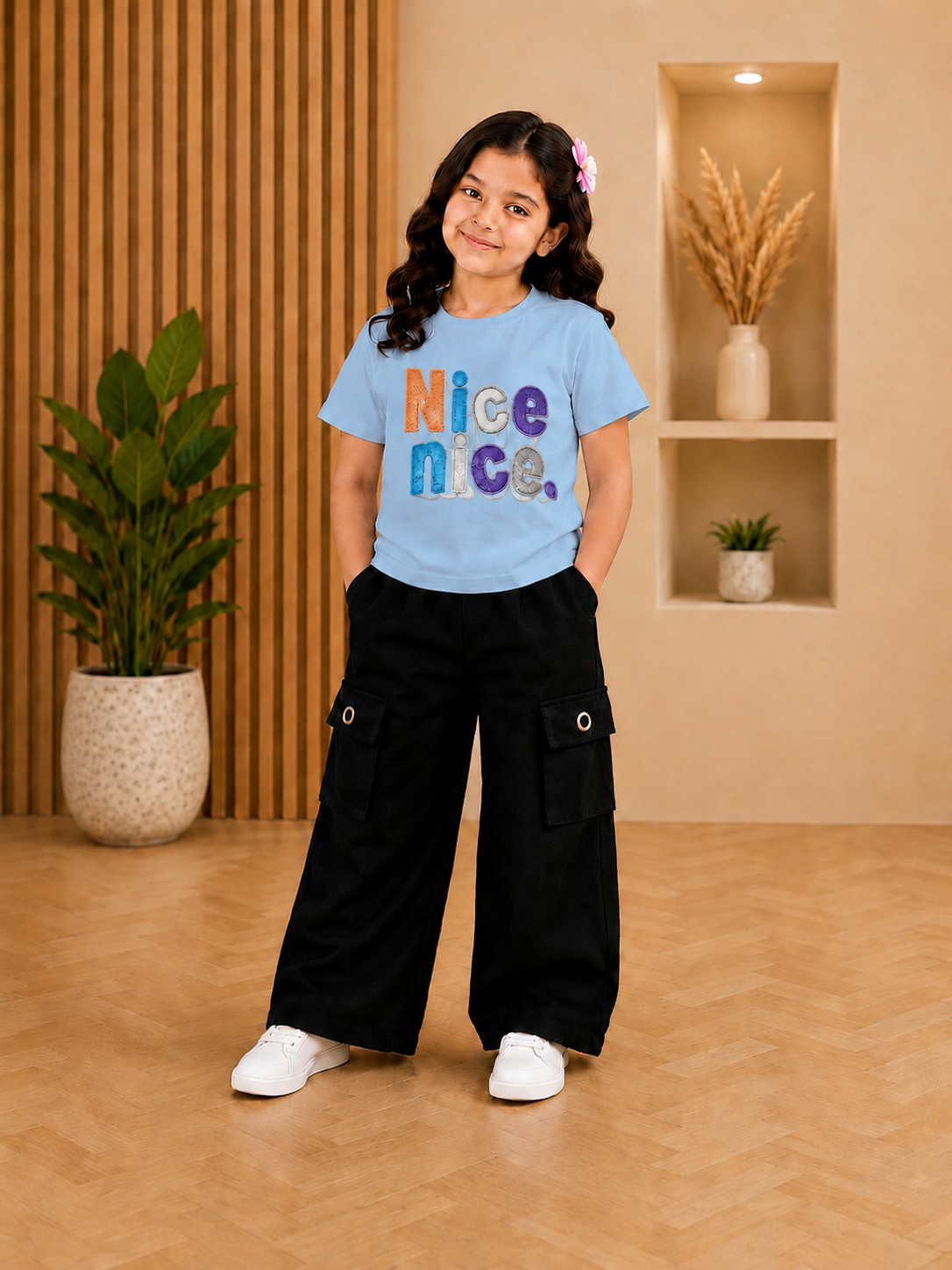 Girls White "Nice Nice" Graphic T-Shirt & Black Wide Leg Cargo Pants 2-Piece Co-Ord Set