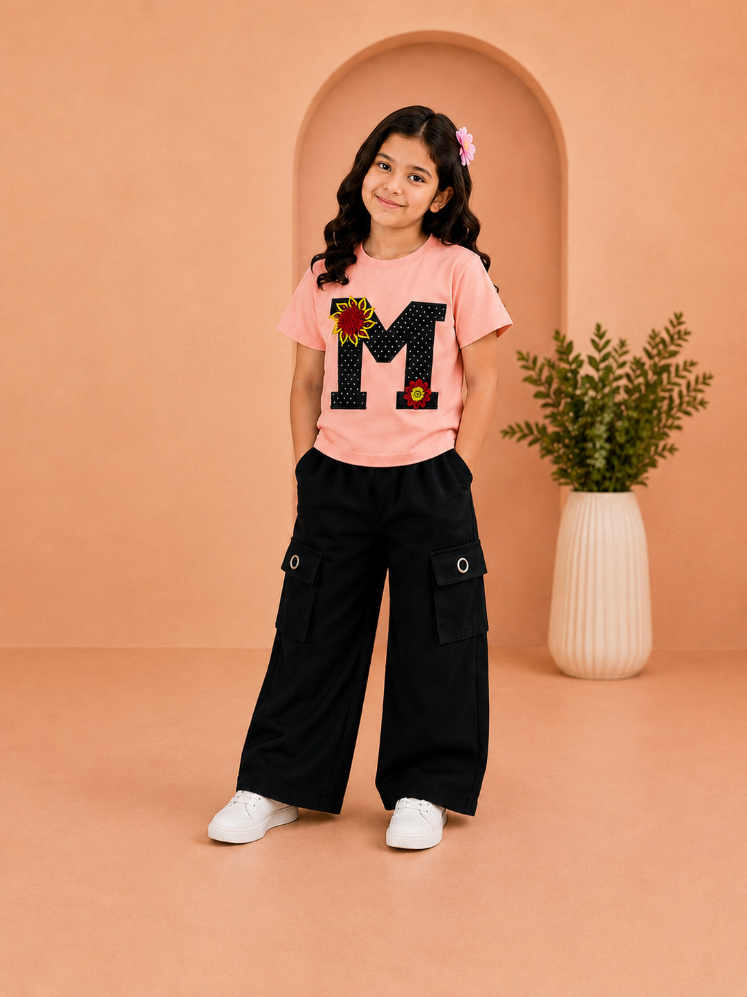 Girls Premium Printed Cotton T-Shirt with Black Cargo Wide Leg Pants | Stylish Summer Outfit Set (2 Pcs)v