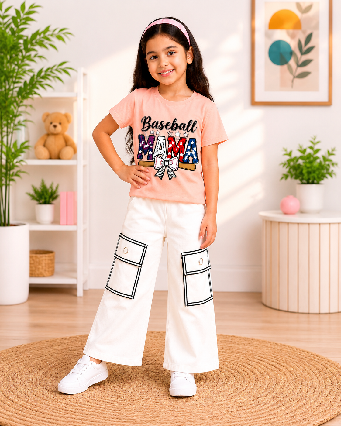 Girls "Baseball Mama" Graphic T-Shirt with Wide Leg Cargo Pants Set | Stylish Casual Outfit | Sizes 5 to 12 Years 00