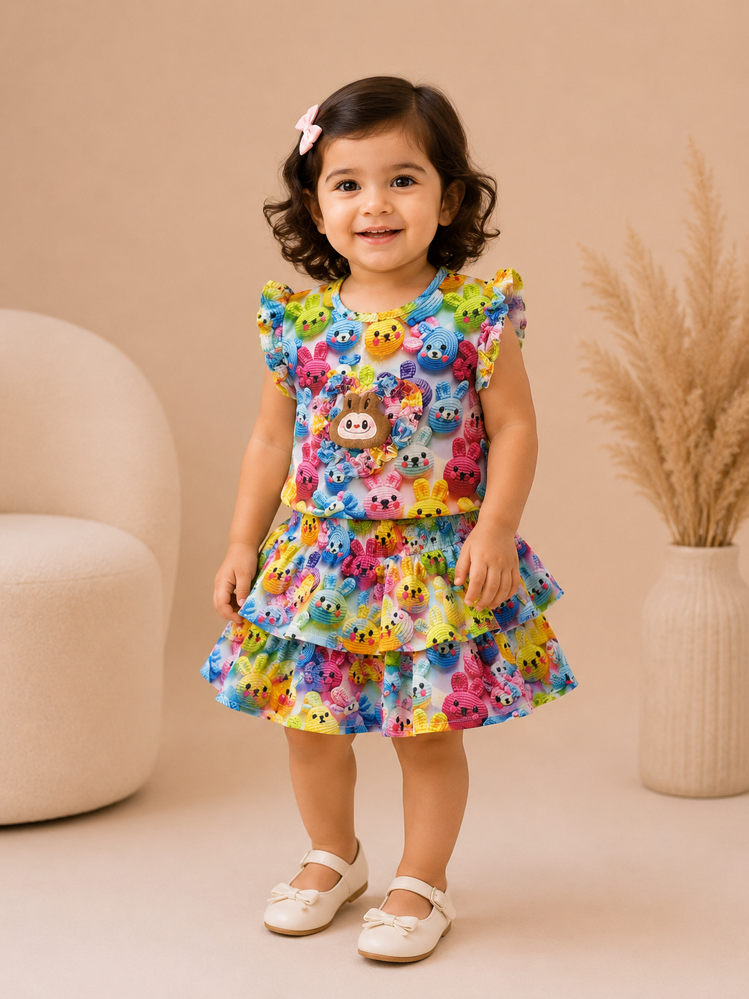 Girls Imported Self Stripe Skirt & Blouse Co-Ord Set – Cute Cartoon Print Summer Outfit