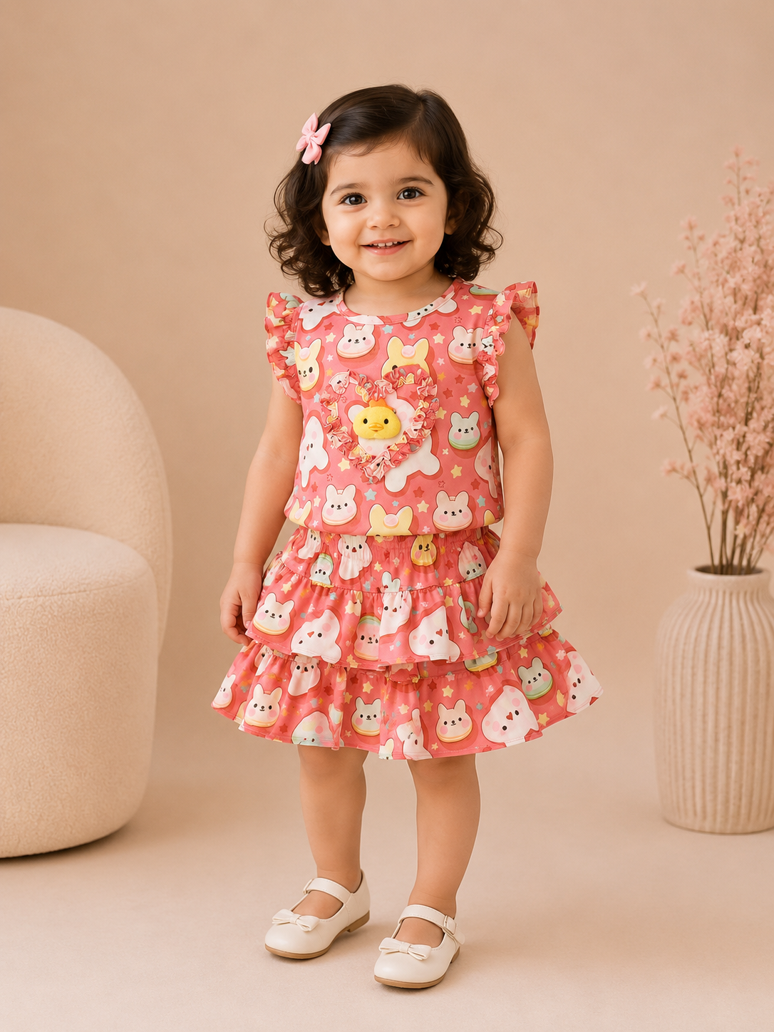 Girls Imported Self Stripe Skirt & Blouse Co-Ord Set – Cute Cartoon Print Summer Outfit